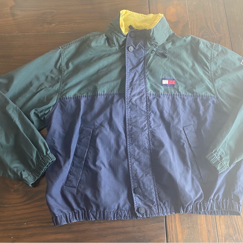 Vintage Tommy Hilfiger Full Zip Packable Hood Colorblock Jacket XL Green Blue